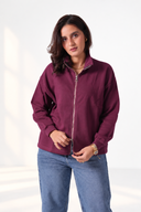 Stand-Collar Zip-Up Top — Burgundy