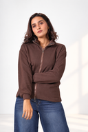 Stand-Collar Zip-Up Top — Brown